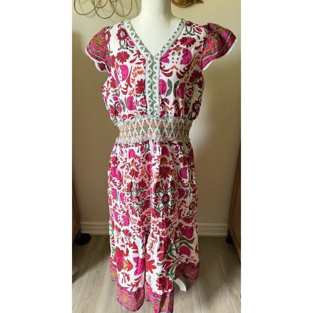 Kaktus Floral Boho Midi Dress Womens XL Pink White Smocked Waist Cotton India